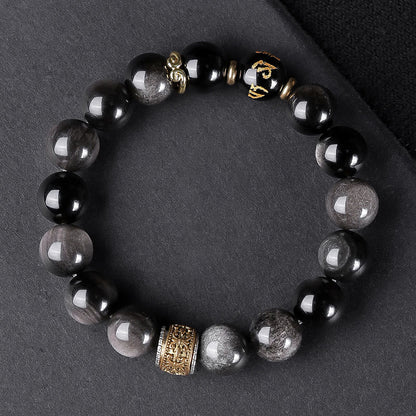Buddha Stones Natural Silver Sheen Obsidian Tiger's Eye Six True Words 'om Mani Padme Hum' Strength Bracelet