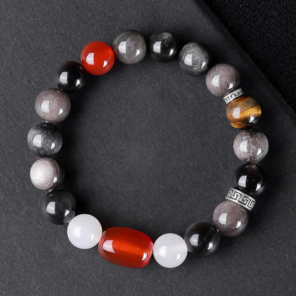 Buddha Stones Natural Silver Sheen Obsidian Tiger's Eye Six True Words 'om Mani Padme Hum' Strength Bracelet
