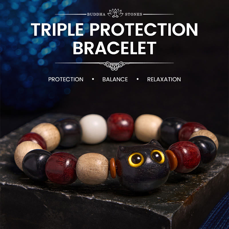 Buddha Stones Small Leaf Red Sandalwood Ebony Wood Cat Engraved Protection Bracelet
