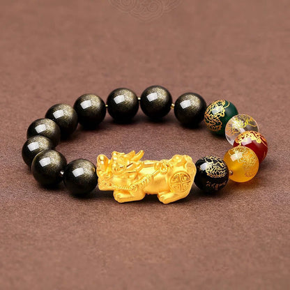 Buddha Stones Natural Gold Sheen Obsidian Pixiu Five Directions Gods of Wealth Protection Bracelet