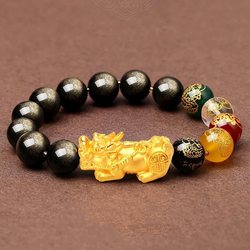 Buddha Stones Natural Gold Sheen Obsidian Pixiu Five Directions Gods of Wealth Protection Bracelet
