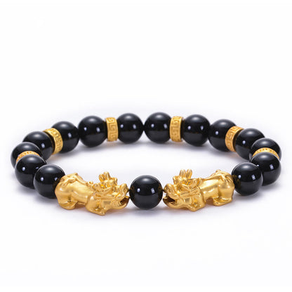 Buddha Stones Black Obsidian Black Onyx Golden Alloy Two Pixiu Om Mani Padme Hum Strength Bracelet