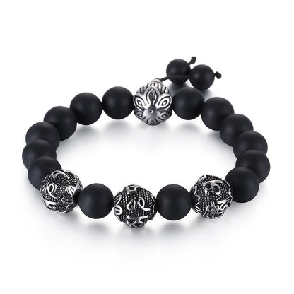 Buddha Stones Natural Tiger Eye Lava Rock Black Obsidian Titanium Steel Six-true-words Om Mani Padme Hum Protection Bracelet