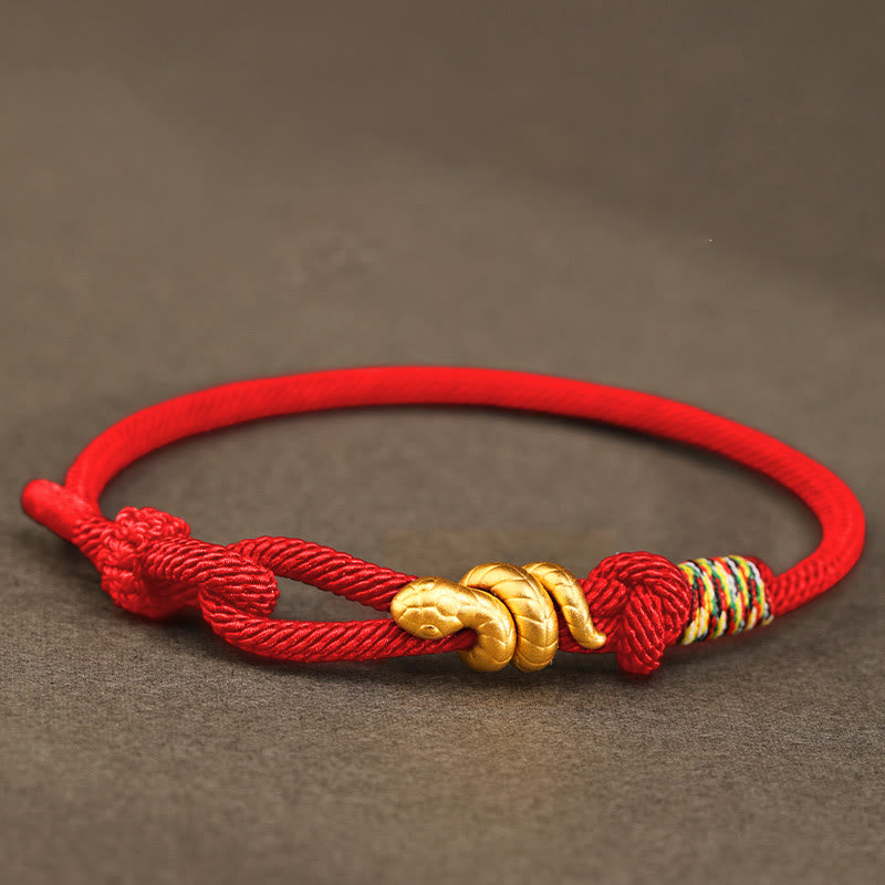 Buddha Stones 999 Gold Year of the Snake Design Handmade Luck Protection Rope Braided Bracelet