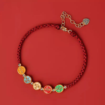 Buddha Stones Red String 925 Sterling Silver Five Ways God of Wealth Connection Bracelet