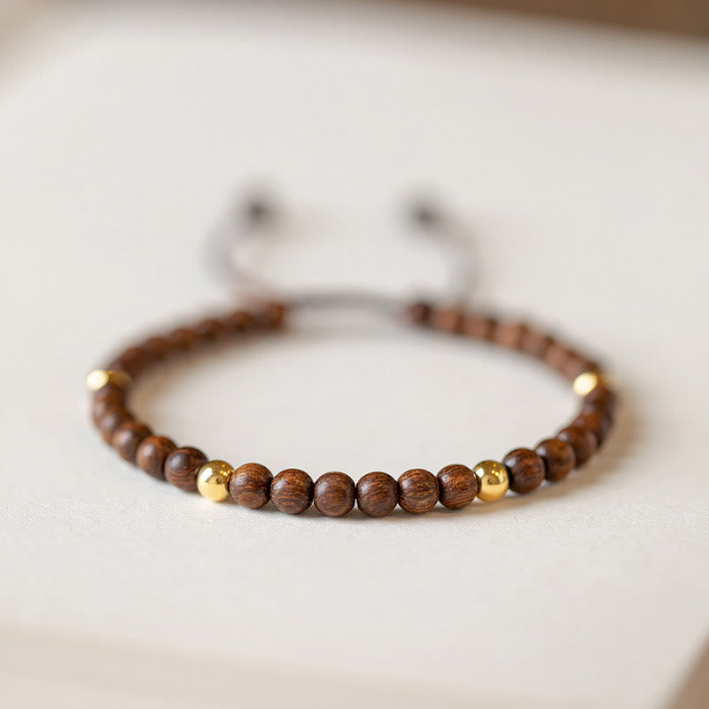 Buddha Stones 4mm Ultra-thin Sandalwood 14k Gold Plated Copper Beads Protection Bracelet