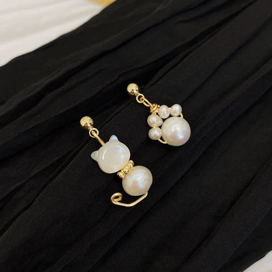 Buddha Stones Cat Paw Pearl Wisdom Stud Drop Earrings