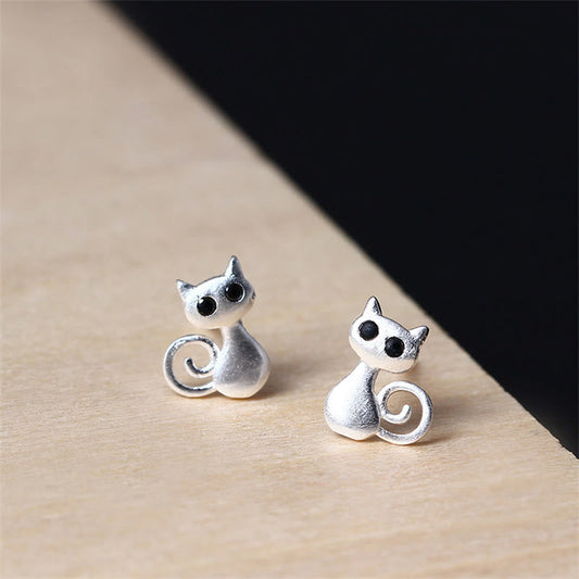 Buddha Stones 925 Sterling Silver Posts Cat Kitten Blessing Stud Earrings