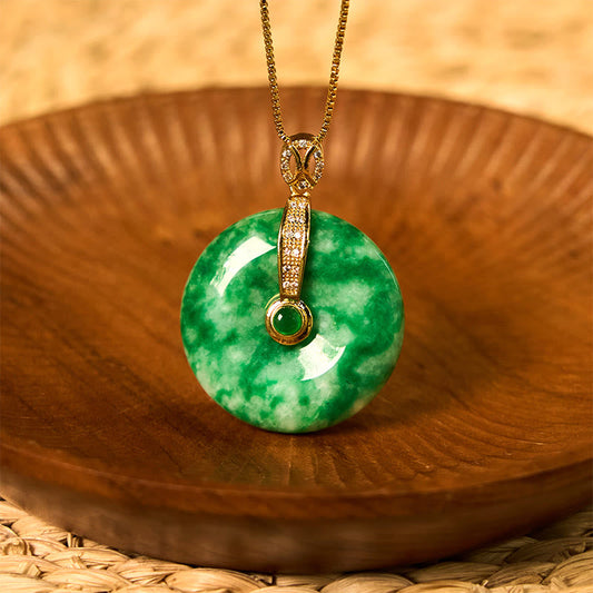 Buddha Stones Natural Cyan Jade Peace Buckle Healing Necklace Pendant
