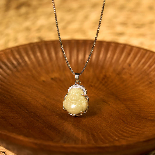 Buddha Stones Natural Hetian Jade Laughing Buddha Abundance Necklace Pendant