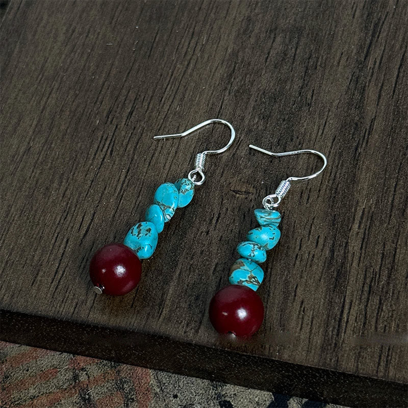 Buddha Stones Tibetan 925 Sterling Silver Turquoise Cinnabar Beads Protection Earrings