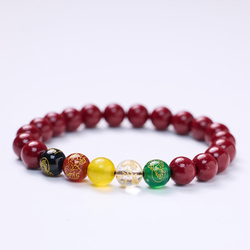 Buddha Stones Cinnabar Agate Five Directions Gods of Wealth Blessing Bracelet