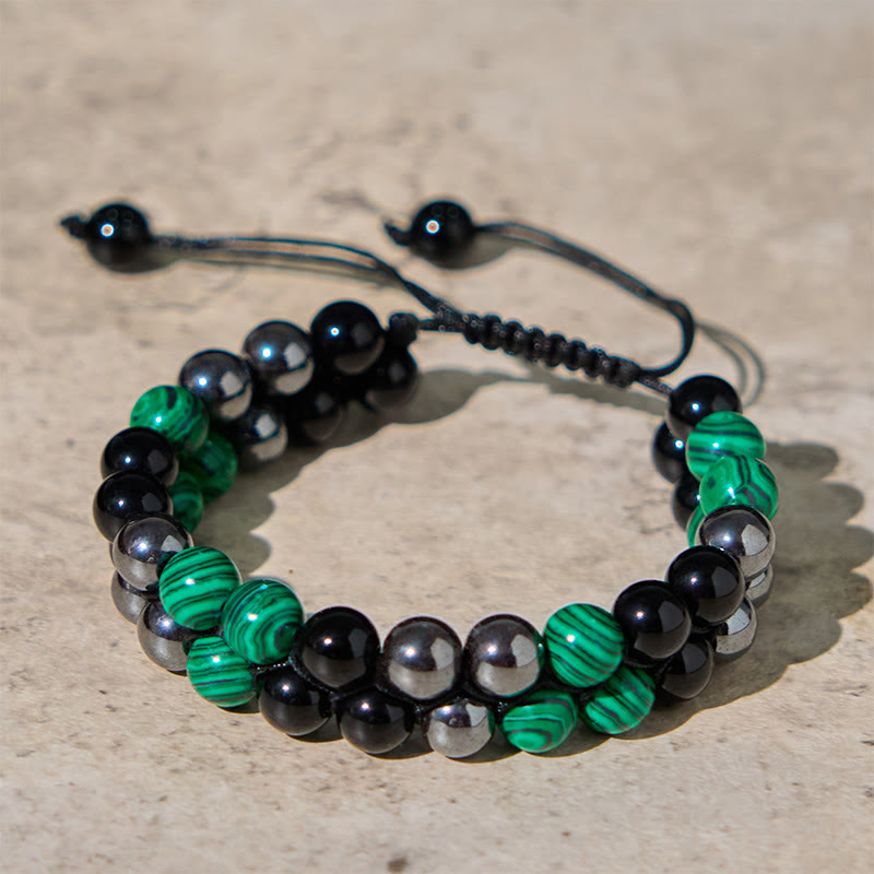 Buddha Stones Natural Malachite Black Magnetite Black Obsidian Double Row Beads Anti-anxiety Bracelet
