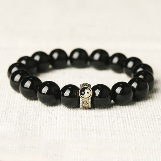 Buddha Stones Black Obsidian Yin Yang Nine-character Mantra Fulfilment Bracelet