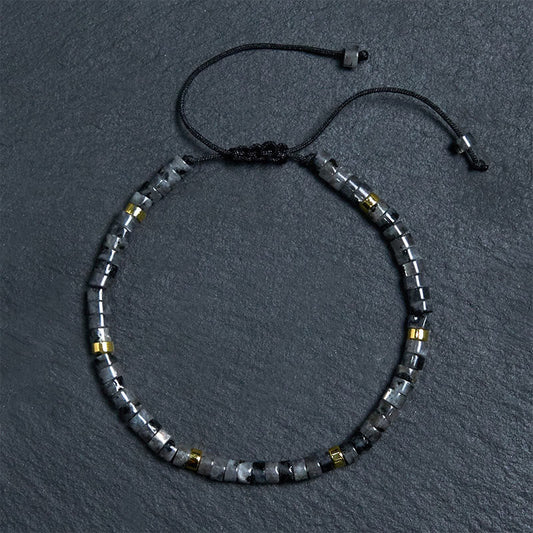 Buddha Stones Natural Black Glitter Stone Courage Spacer Bead Bracelet