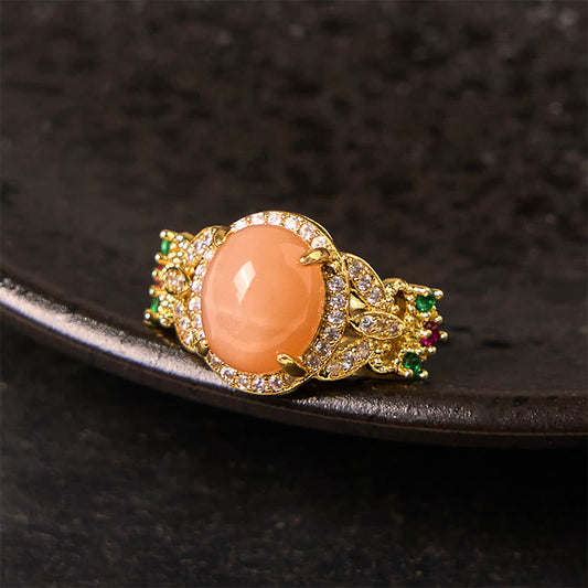 Buddha Stones Prong Setting Four Leaf Flower Design Peach Moonstone Adjustable Soothing Ring