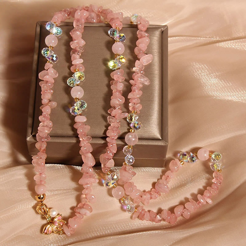 Buddha Stones Butterfly Flower Amethyst Strawberry Quartz Balance Necklace Pendant