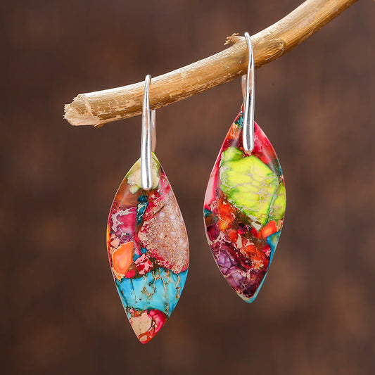Buddha Stones Natural Emperor Stone Water Drop Leaf Shape Happiness Earrings