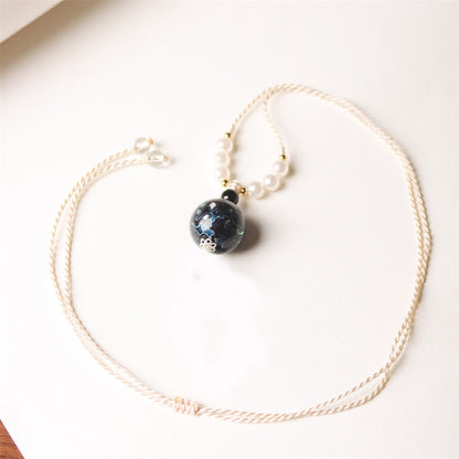 Buddha Stones Ebony Wood Aurora Lacquer Craft Bead Pearl Balance Necklace Pendant