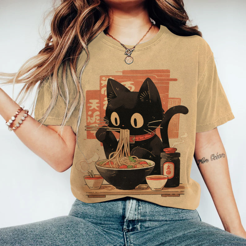 Japanese Art Eating Ramen Cat Print T-Shirt elevenforest
