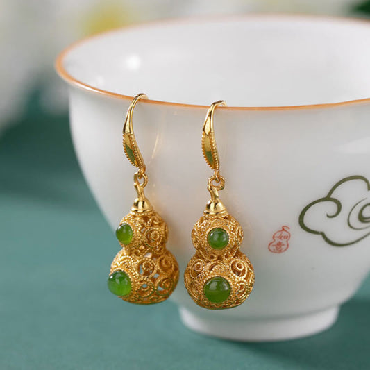 Buddha Stones Copper Hollow Gourd Jade Prosperity Earrings