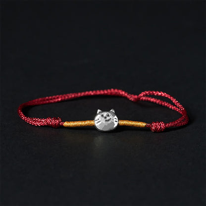 Buddha Stones 925 Sterling Silver Cat Red String Braided Bracelet