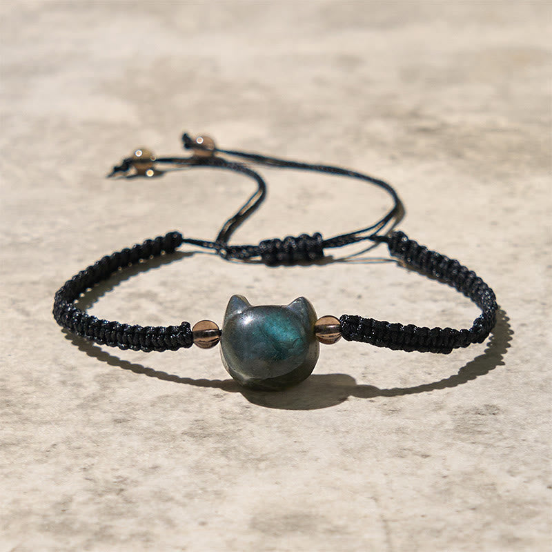 Buddha Stones Natural Labradorite Cat Head Black Rope Healing Bracelet