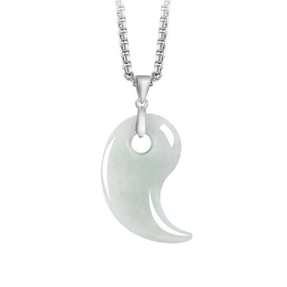 Buddha Stones Teardrop Design Jade Titanium Steel Chain Necklace Luck Pendant
