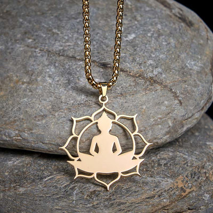 Buddha Stones Lotus Sitting Buddha Design Stainless Steel Enlightenment Necklace Pendant