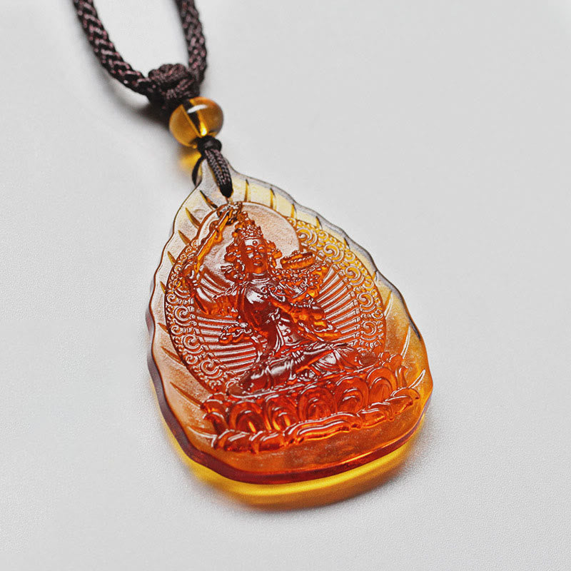 Buddha Stones Liuli Crystal Chinese Zodiac Natal Buddha Protection Leaf Shape Necklace Pendant