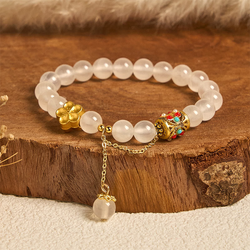 Buddha Stones Tibetan White Agate Crystal Stone Flowers Positivity Bracelet