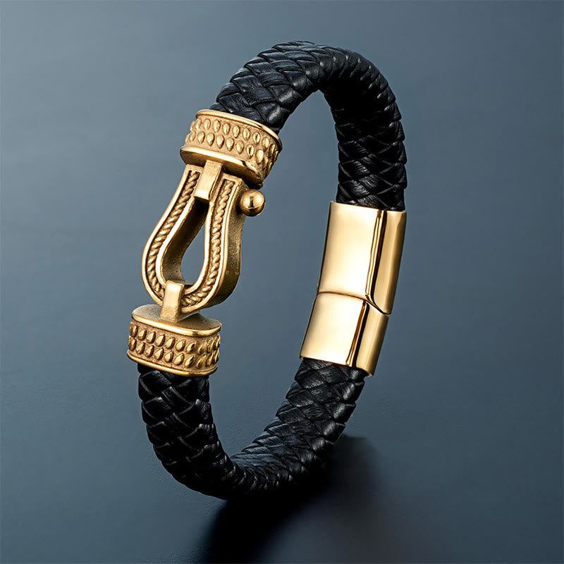 Buddha Stones Leather Horseshoe-shaped Titanium Steel Balance Braided Magnetic Buckle Bracelet