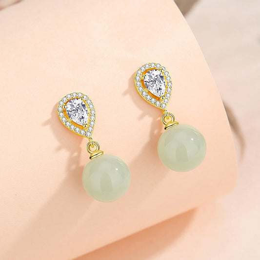Buddha Stones 925 Sterling Silver Waterdrop Design Hetian Jade Bead Prosperity Earrings