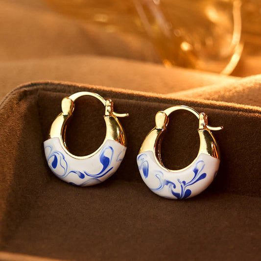 Buddha Stones Copper Plated 18k Gold Enamel Glaze Healing Luck U-shaped Earrings
