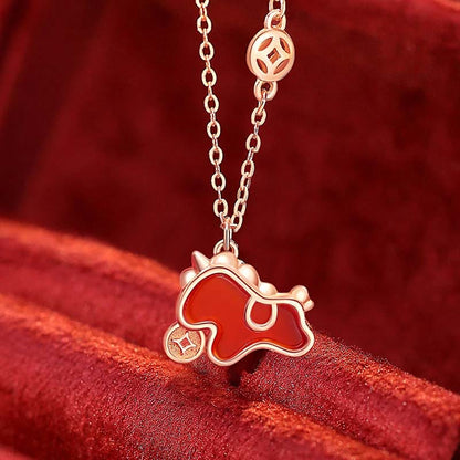 Buddha Stones 925 Sterling Silver Coin Red Agate Year of the Horse Asymmetric Protection Earrings