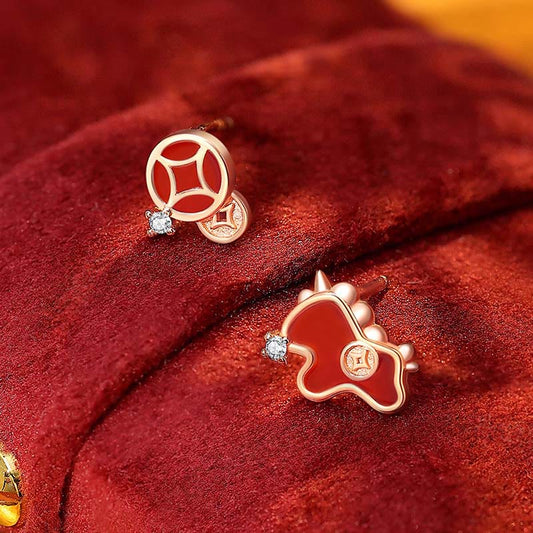 Buddha Stones 925 Sterling Silver Coin Red Agate Year of the Horse Asymmetric Protection Earrings