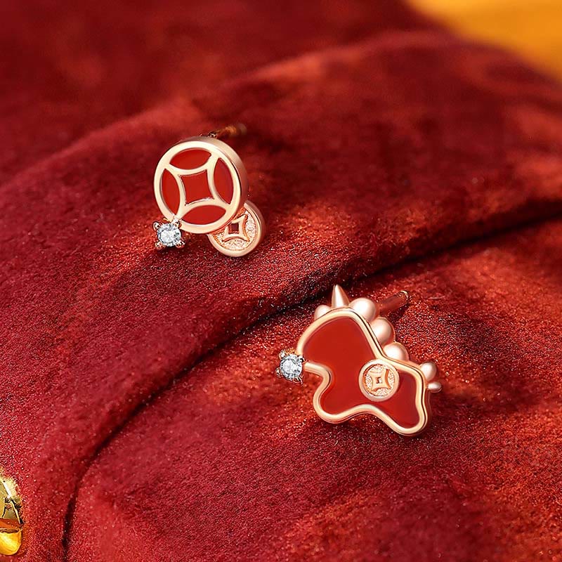 Buddha Stones 925 Sterling Silver Coin Red Agate Year of the Horse Asymmetric Protection Earrings
