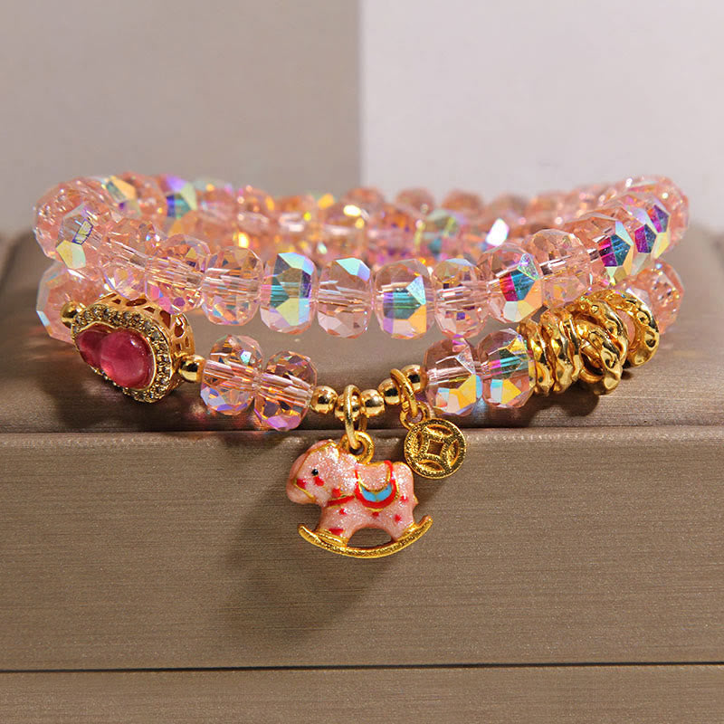 Buddha Stones Chinese Zodiac Year of the Horse Crystal Glass Copper Coin Gourd Double Wrap Bracelet