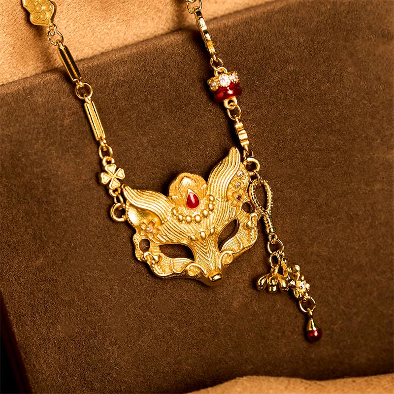 Buddha Stone 24k Gold Plated Brass Fox Design Tassel Pendant Necklace