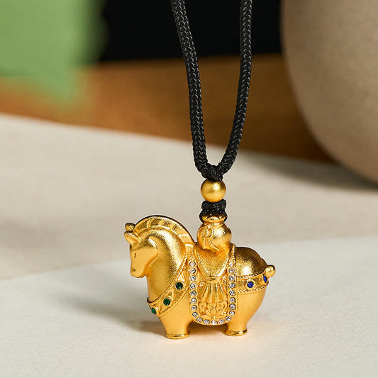 Buddha Stones Year of the Horse 24k Gold Plated Brass Rope Cord Necklace Pendant