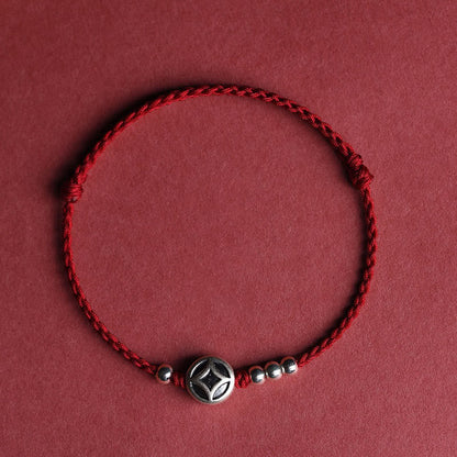 Buddha Stones 999 Sterling Silver Copper Coin Charm Handmade String Strength Bracelet Anklet