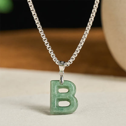 Buddha Stones Natural A-z Letter Jade Titanium Steel Wide Chain Prosperity Necklace Pendant