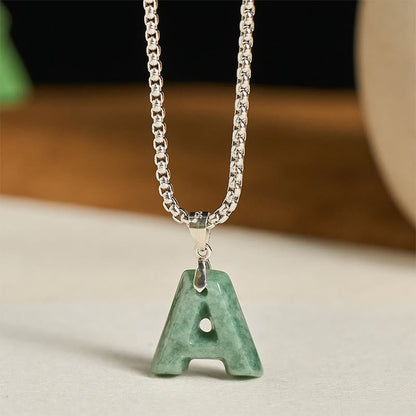 Buddha Stones Natural A-z Letter Jade Titanium Steel Wide Chain Prosperity Necklace Pendant