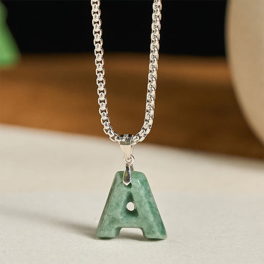 Buddha Stones Natural A-z Letter Jade Titanium Steel Wide Chain Prosperity Necklace Pendant