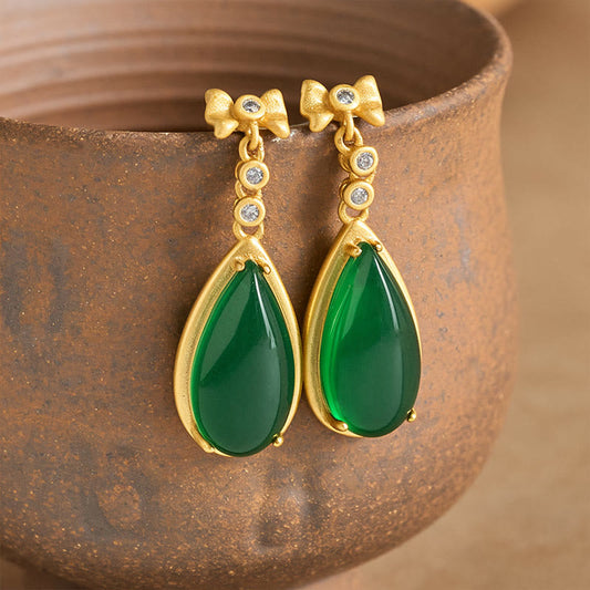 Buddha Stones Waterdrop Design Green Jasper Copper Plated Gold Balance Earrings