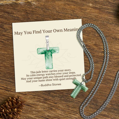 Buddha Stones "may You Find Your Own Meaning" Natural A-z Letter Jade Titanium Steel Chain Necklace Includes Gift Message Card