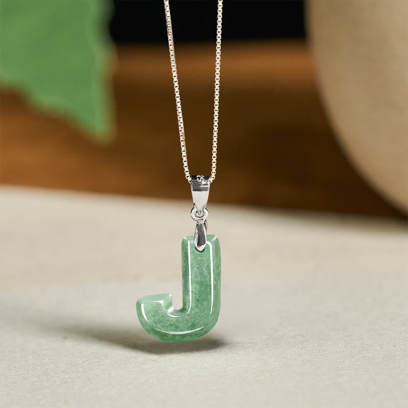 Buddha Stones Natural A-z Letter Jade 925 Sterling Silver Silm Chain Prosperity Necklace Pendant