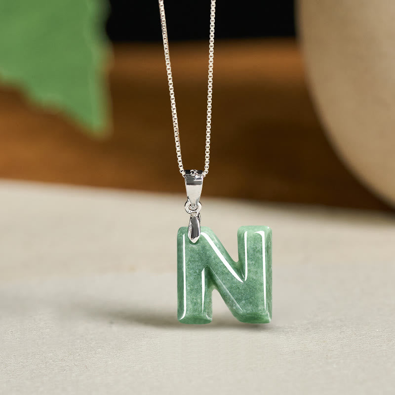Buddha Stones Natural A-z Letter Jade 925 Sterling Silver Silm Chain Prosperity Necklace Pendant