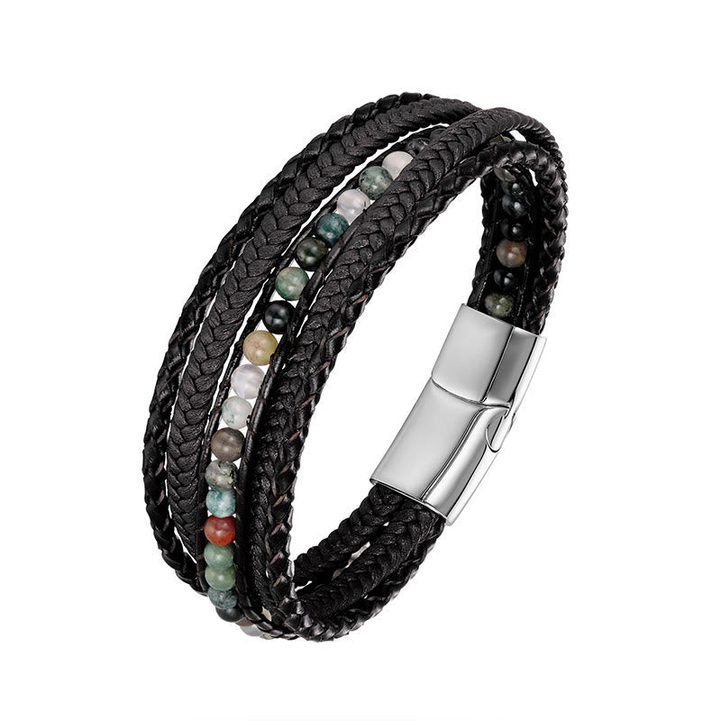 Buddha Stones Hematite Indian Agate Tiger Eye Amazonite Beaded Leather Strengthen Bracelet