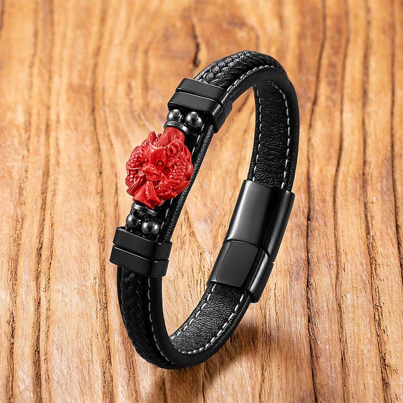 Buddha Stones Cinnabar Buddha Symbol Koi Fish Dragon Fu Character Pi Xiu Design Leather Blessing Bracelet